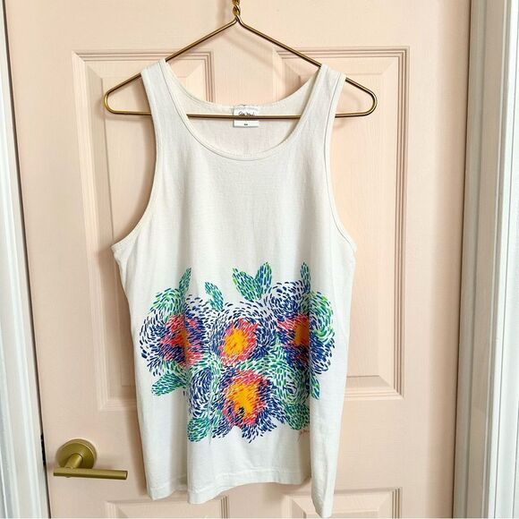 Vintage Gilda Marx White and Blue Sleeveless Tank Top with Floral Design - Picture 1 of 6